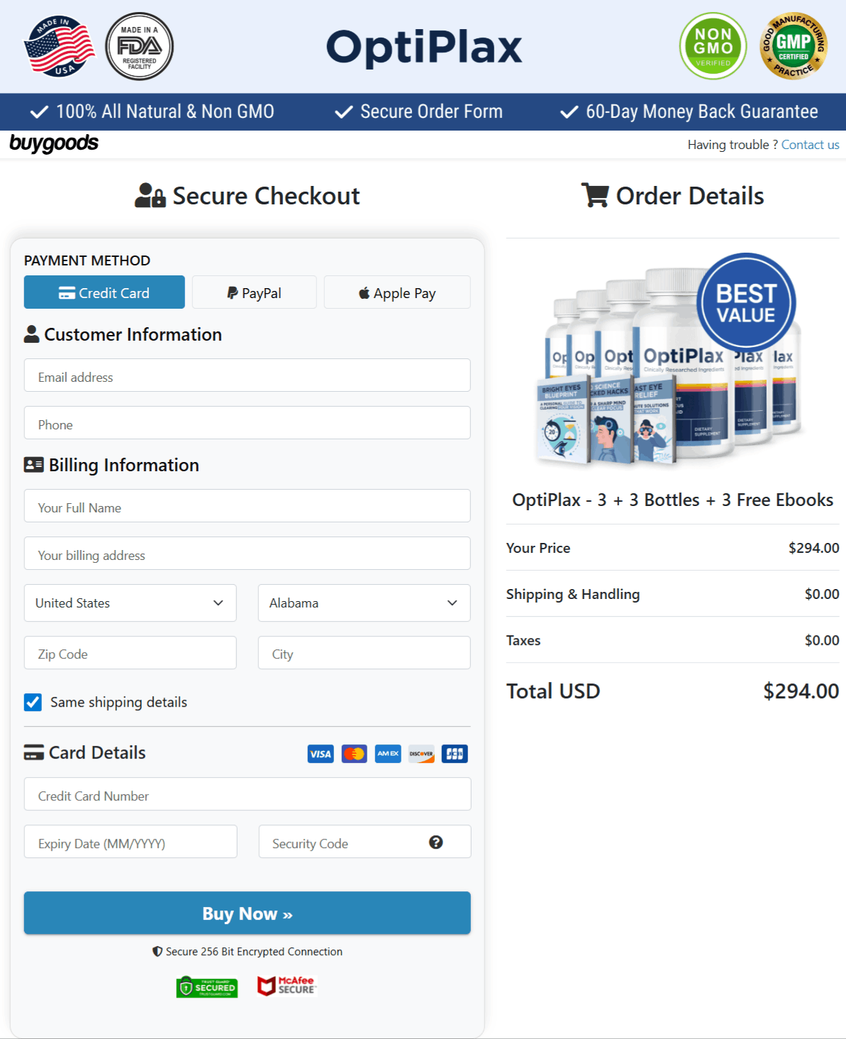 OptiPlax Checkout page